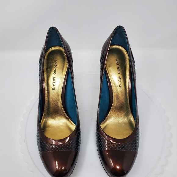 Antonio Melani Leather Heels Metallic Brown w/ Teal Polka Dots Sz 8.5 EUC - Picture 3 of 9